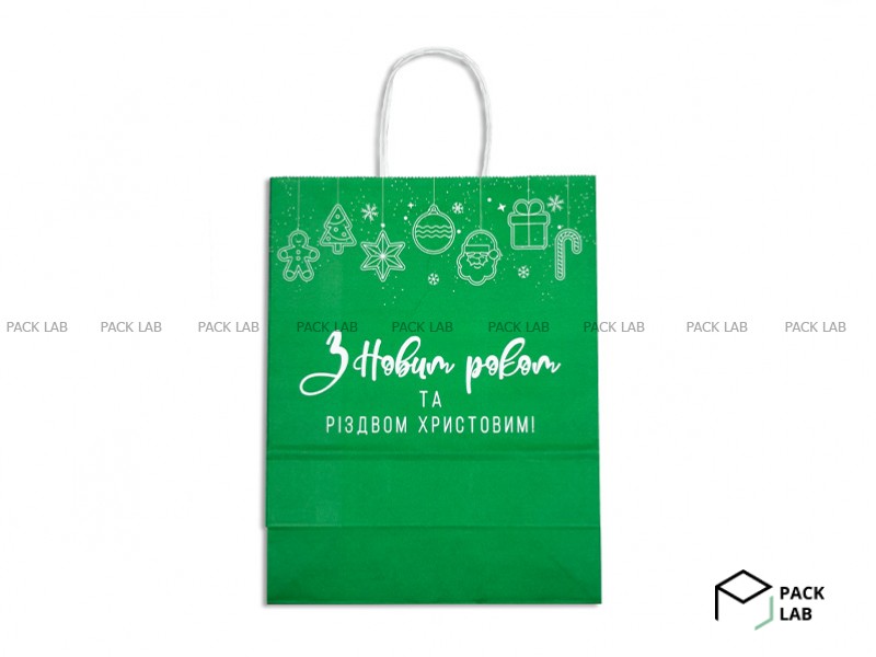 Paper bag with handles "Happy New Year and Christmas" green with toys
