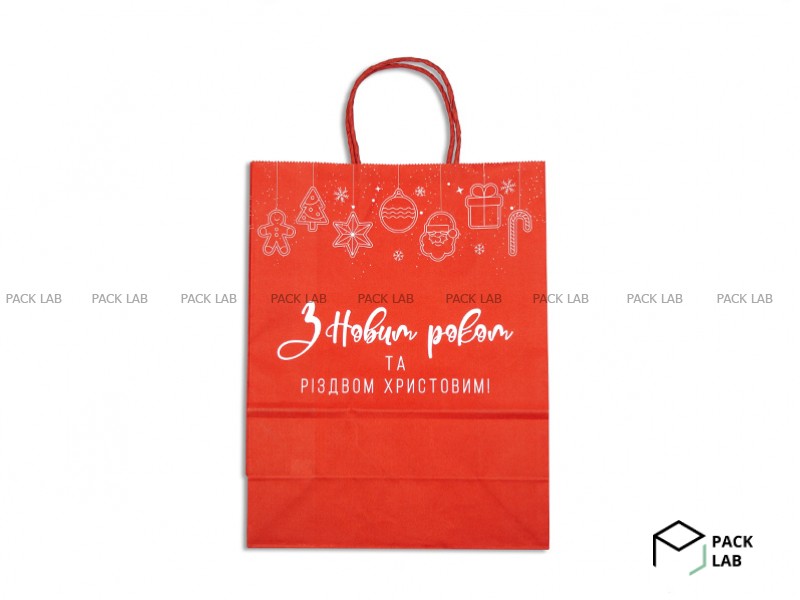 Пакет бумажный с ручками "З Новим роком та Різдвом" красный с игрушками