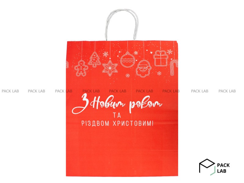 Paper bag with handles "Happy New Year and Christmas" 370*305 red with toys