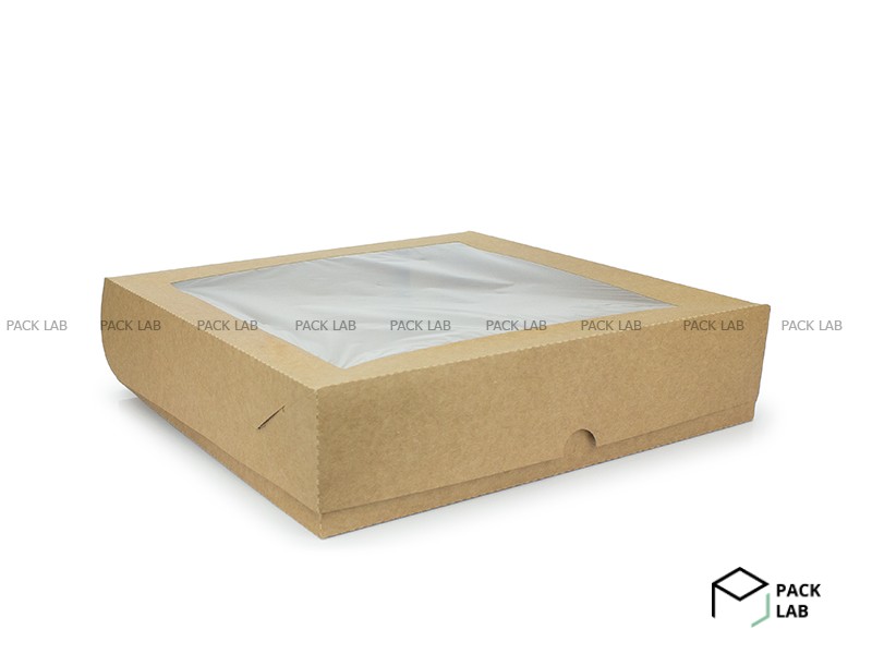 Коробка квадратна велика для пирога з вікном крафт 250*250*60 мм