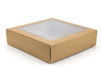Коробка паперова квадратна з ламінованим вікном крафт 200*200*50 мм
