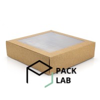 Коробка бумажная квадратная с ламинированным окном крафт 200*200*50 мм