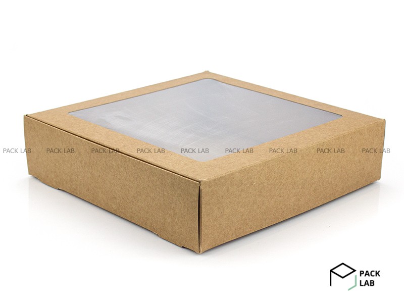 Коробка паперова квадратна з ламінованим вікном крафт 200*200*50 мм