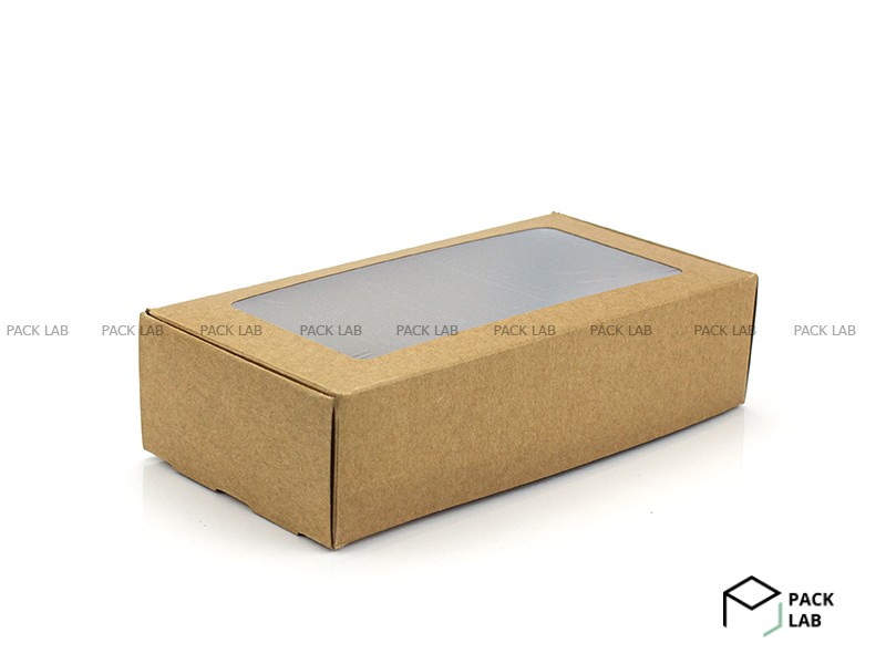 Коробка паперова прямокутна з ламінованим вікном крафт 200*100*50 мм
